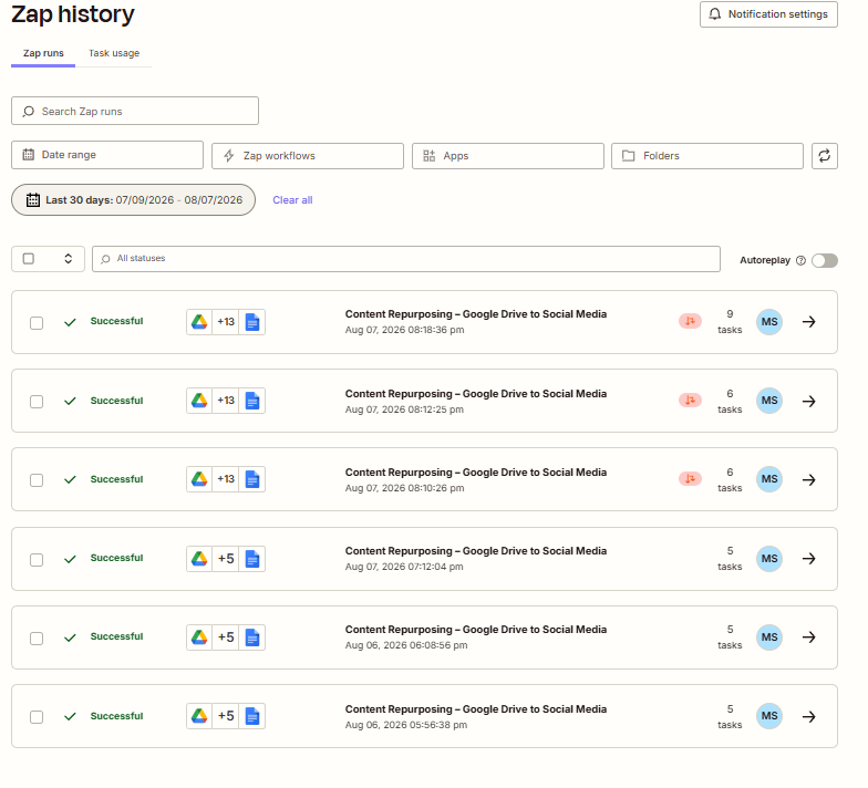 AI content automation execution history